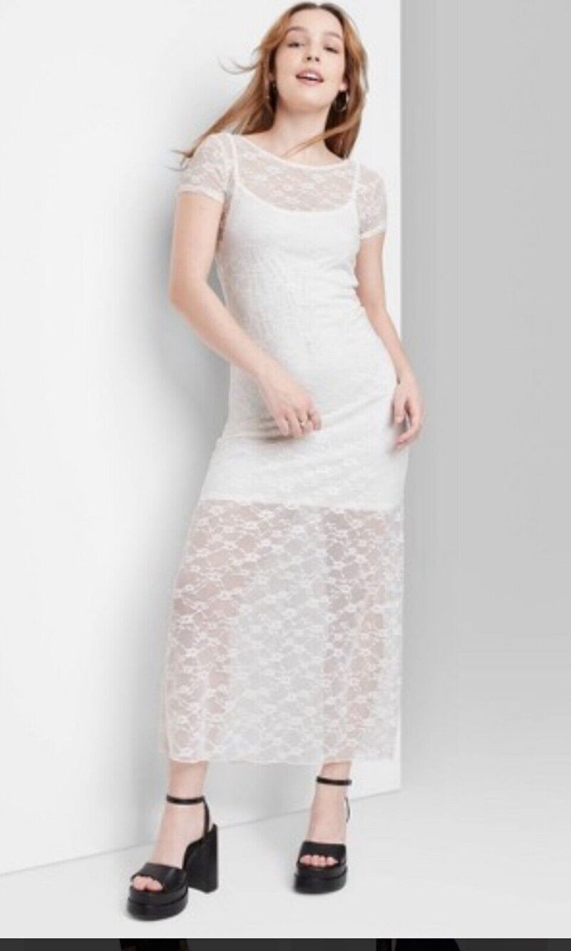 Wild Fable Women's Short Sleeve Maxi Dress, White Lace, Size XXS NWT